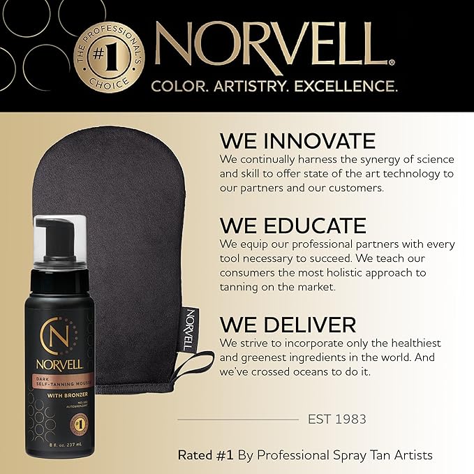 Norvell Sunless Dark Self Tanner Mousse with Mitt, 8 Fl Oz + Streak Free Tanning Applicator Mitt - Instant Natural Looking Bronzing Glow