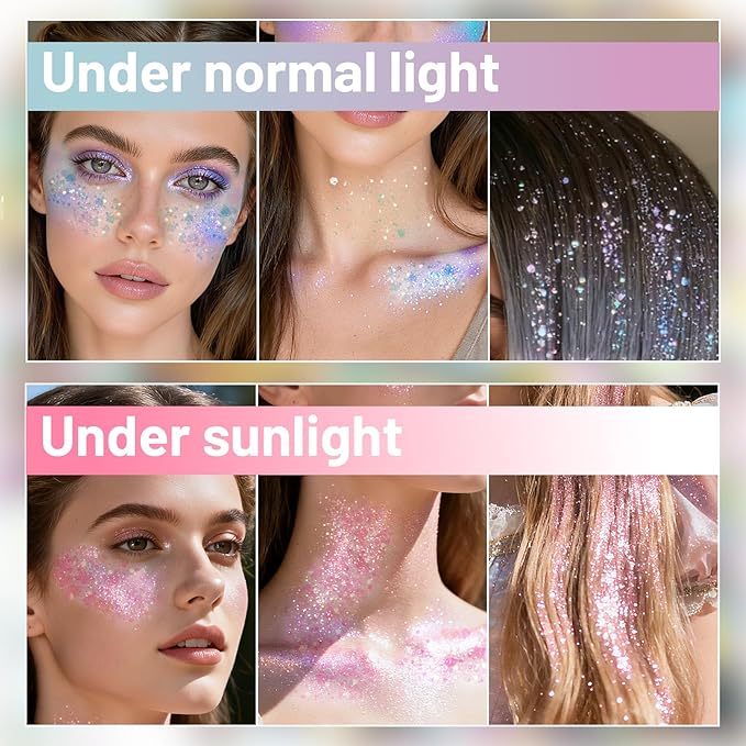 DAGEDA Light-Reactive to Pink Body Glitter Gel, Holographic Face Glitter Rave Party Accessories, Chunky Glitters for Hair Eyes Nails, Cosmetic Laser Powder Festival Sequins Paint Makeup