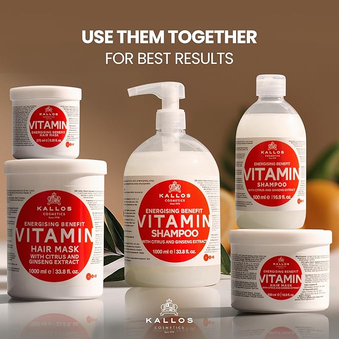 Kallos KJMN Vitamin Energising Shampoo with ginseng extract and avocado oil – Pump 1000 ml - 33,81 Fl Oz