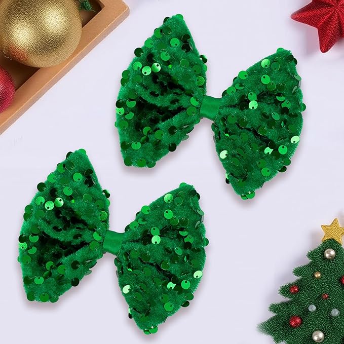 Velvet Sequin Hair Bows Elegant Green Bow for Women Girls, 4in Glitter Handmade Hair Clips Alligator Clips Sparkly Ponytail Holder Hair Accessories for Christmas, Birthday Party, Wedding, Valentines