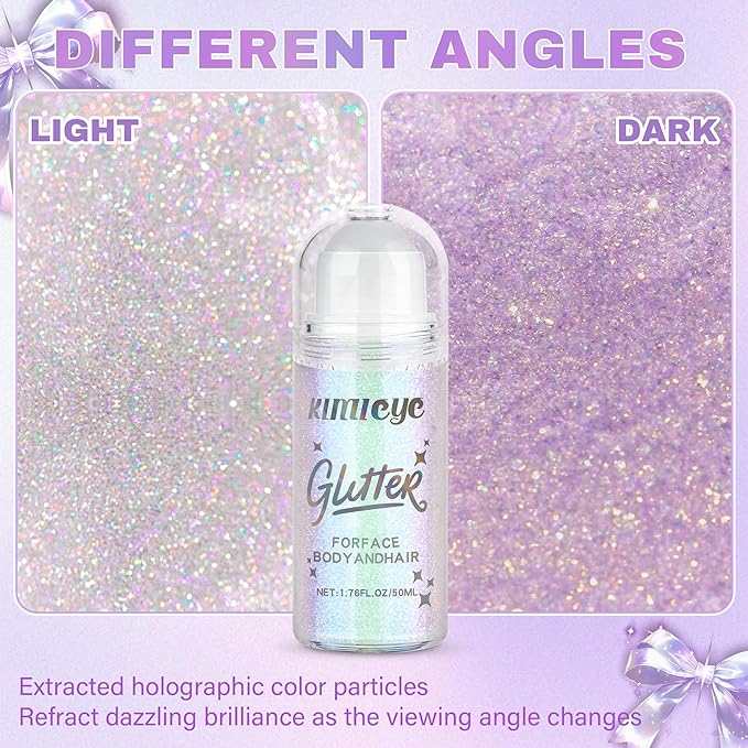 Roll-on Face Body Glitter Gel for Women and Kids, 50ml Large Capacity Holographic Chameleon Color Changing Glitter Gel Shimmer Makeup for Singer Concert Festival Rave Accessories, Sparkling Pink