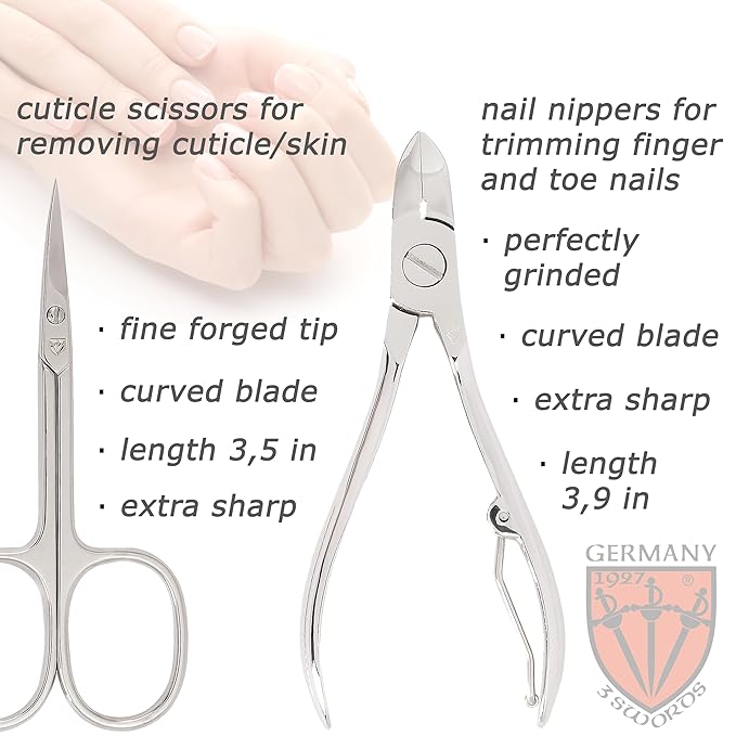 3 Swords Germany - brand quality 7 piece manicure pedicure grooming kit set for professional finger & toe nail care scissors clipper fashion leather case in gift box - Made in Germany