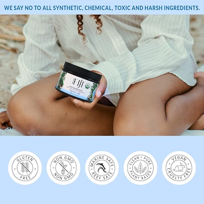 Organic Fiji Cold Pressed Coconut Oil Extra Virgin, Fragrance-Free for Hair, Skin, Face & Body Natural Moisturizer & Massage Oil for Women, Men & Baby 12 oz