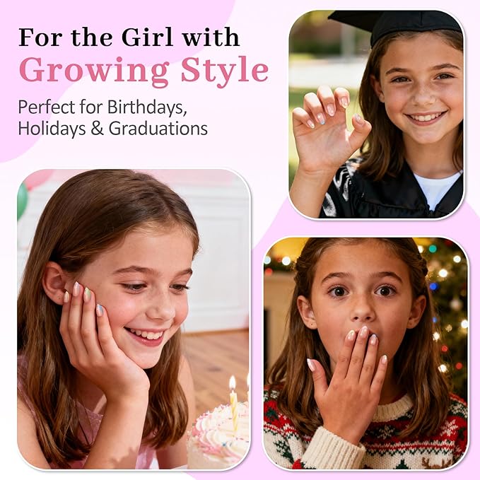 16 Sizes Press on Nails Kit for Kids - 32 Pieces French Almond Fake Nail Tips for Girls 8-12 Years Old with Jelly Nail Adhesives & No-Lamp Nail Glue, Birthday Christmas Gifts (Colorful Flower)