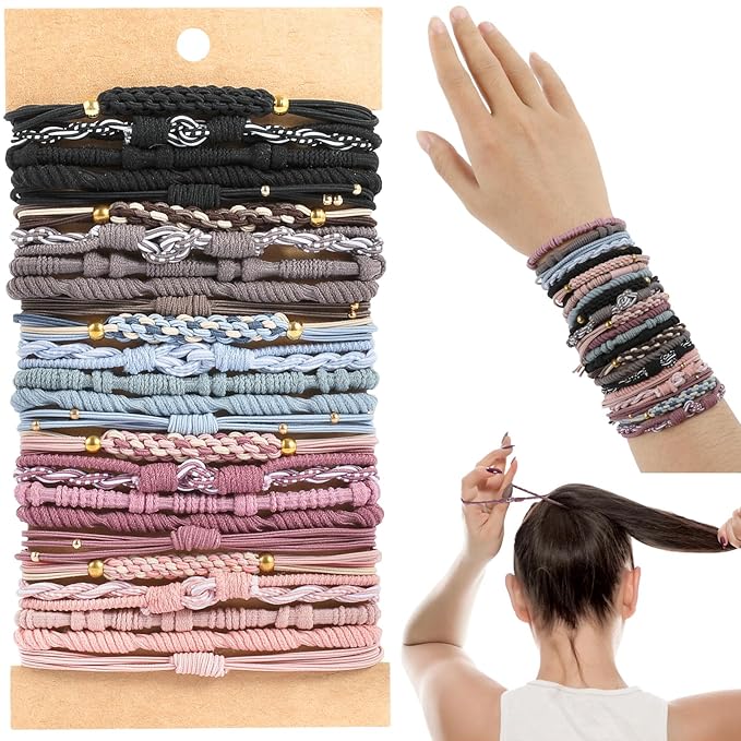 Hair Accessories, 25 PCS of 5 Styles Boho Hair Tie Bracelets with Beads - Cute Elastic Bands for Thick or Thin Hair, No Damage, Pink for Girls and Women
