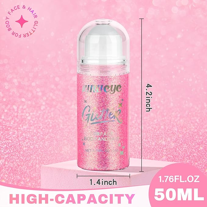 Roll-on Face Body Glitter Gel for Women and Kids, 50ml Large Capacity Holographic Chameleon Color Changing Glitter Gel Shimmer Makeup for Singer Concert Festival Rave Accessories, Holographic Pink