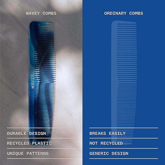 WAVEY Quality Hair Comb for Men and Women, Recycled Ocean Plastic, 7 Inches length perfect for home and travel, Wide and Fine Tooth for thick, thin, wavy, straight and curly hair styling - BLUE