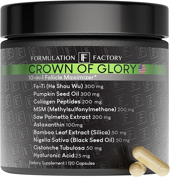 Formulation Factory Crown of Glory 10-in-1 Hair Growth Maximizer, DHT Blocker with Saw Palmetto, Fo-Ti, Collagen, Supports Thicker Hair & Scalp Health (2 Month Supply, 120 Capsules)