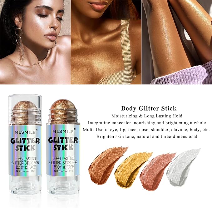Brown Body Glitter Stick, Long Lasting Moisturizing Body Glitter for Women, Multi-Use Highlighter Makeup, Sparkling Face Glitter Mermaid Makeup for Kids, Travel Size for Daily, Festival, Party