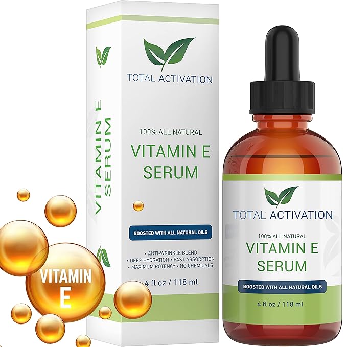 Total Activation Vitamin E Face Serum – Organic Vitamin E Oil 100% Pure, Cold Pressed for Skin, Face, Hair & Nails – Moisturizer for Dry Skin, Scars & Anti-Aging – for Glowing Skin – 4 oz
