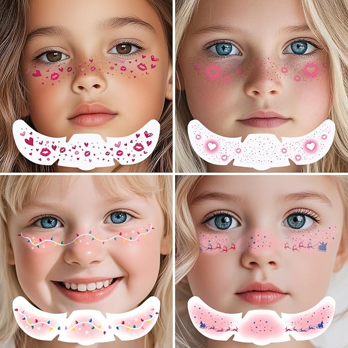 8Pcs 2-in-1 Rose-pink Blush and Glitter Freckles Face Tattoo for Teenagers & Young Women, Waterproof and Long-lasting Face Makeup Tattoos for Halloween and Christmas (SET A)