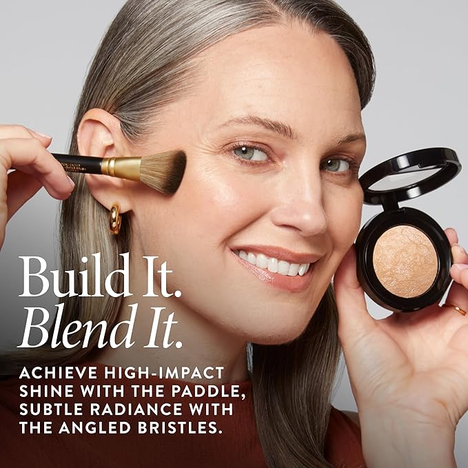 LAURA GELLER NEW YORK Dual-Ended Highlighter Brush - Multipurpose Makeup Brush for Highlighter, Blush, Bronzer and More - Includes Dual-Fiber Vegan Bristles and Satin Paddle for Flawless Application