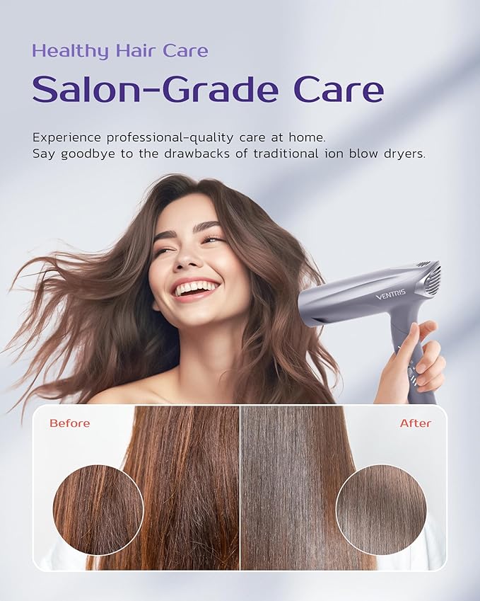 VENTRIS 1400W High-Speed Ionic Hair Dryer, Fast-Drying Lightweight Low-Noise Blow Dryer with Magnetic Diffuser & Concentrator, Cold Shot Button, BlitzFlow Series, Ethereal Gray
