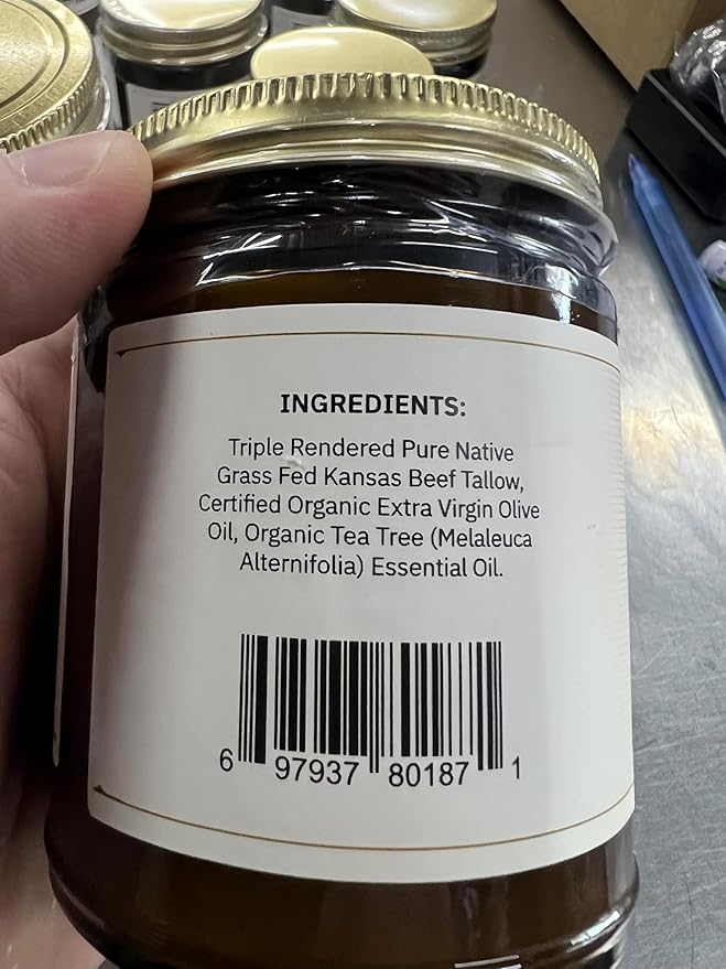 Grass Fed Beef Tallow Balm - 8 oz - Made in USA - Organic Grass Fed and Finished - Moisturizing Skin Care Tea Tree