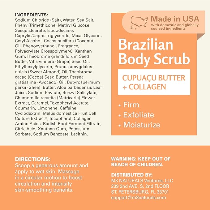 Firming & Moisturizing Brazilian Body Scrub, Gentle Body Exfoliator with Cupuacu Butter, Jojoba Oil & Collagen, 16 oz (453 g) by M3 Naturals