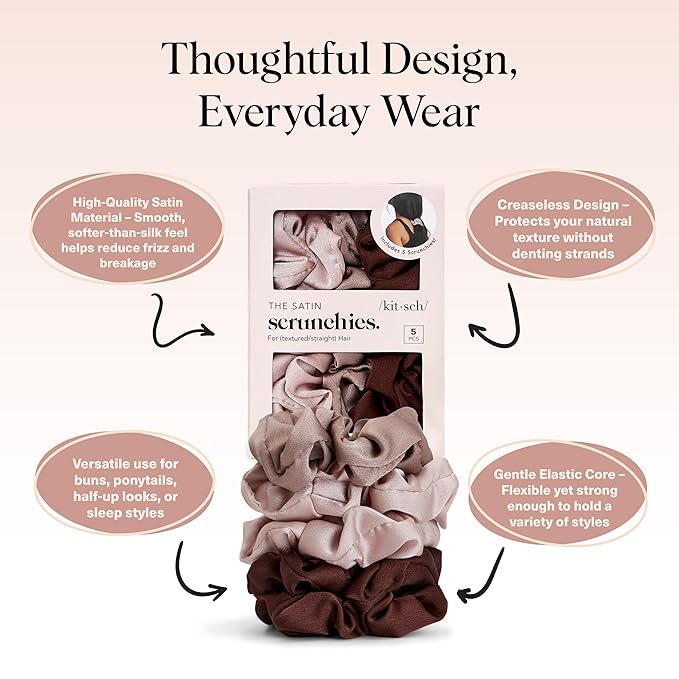 Kitsch Satin Scrunchies for Women - Softer Than Silk Scrunchies | Hair Ties No Damage for Frizz-Free Sleep | Stocking Stuffers for Teen Girls | Ideal Gifts for Women - Cameo, 5pcs