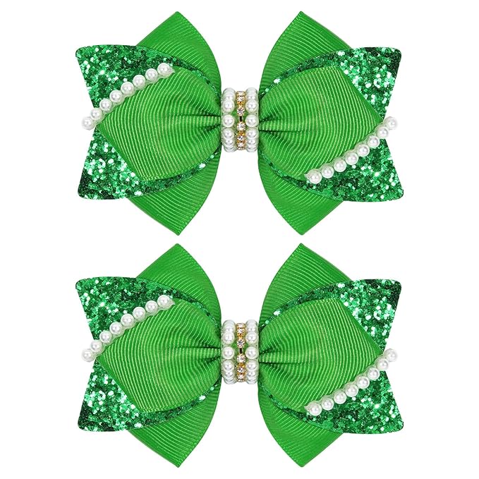 4" Sparkly Glitter Sequin Ribbon Hair Bow Clips,Pearl Wedding Boutique Alligator Barrettes Pins for Teens Toddler,Cheerleader Girls Kids Birthday Party Dress Decor Accessory (Green)