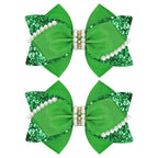 4" Sparkly Glitter Sequin Ribbon Hair Bow Clips,Pearl Wedding Boutique Alligator Barrettes Pins for Teens Toddler,Cheerleader Girls Kids Birthday Party Dress Decor Accessory (Green)
