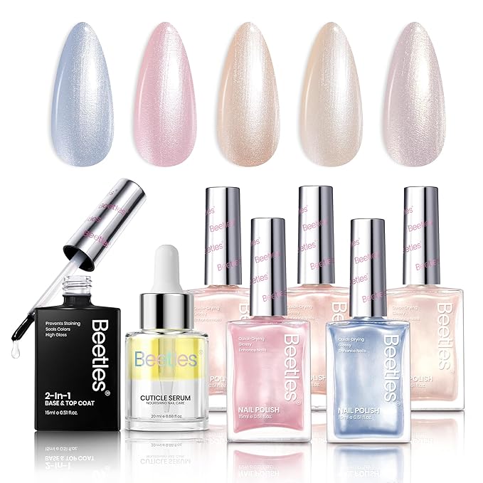 Beetles Pearl Nail Polish Set 7Pcs, Nude Pink Frosty Blue Beige Quick-drying Nail Polish Kit, with 2 IN 1 Base & Top Coat and Cuticle Serum 20ml All-in-One Care Nails Gift Sets