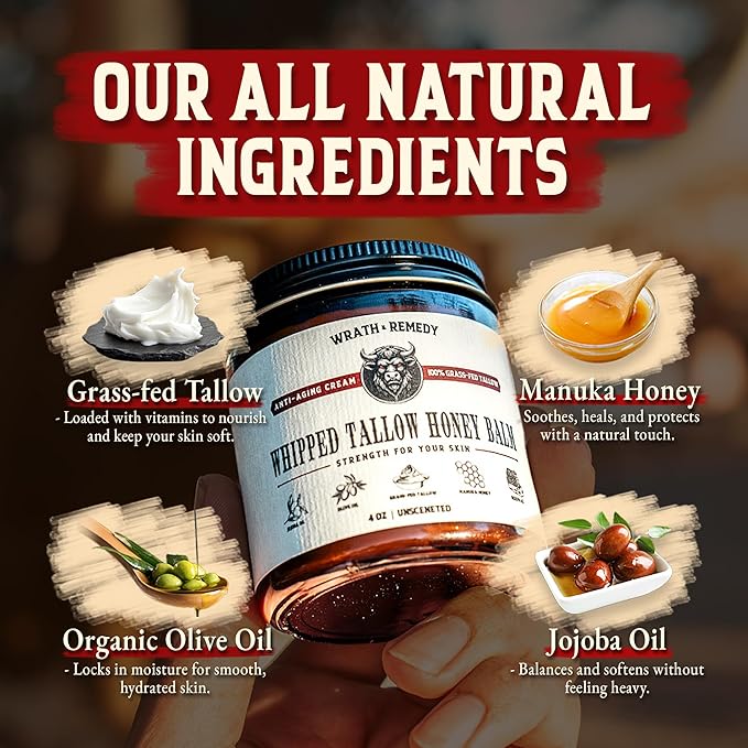 Organic Beef Tallow for Skin - 4 OZ (Vanilla) — Grass Fed Beef Tallow for face + Body — US-Made Whipped Tallow and Honey Balm Moisturizer for Dry and Sensitive Skin, Eczema, Rosacea (No Additives)