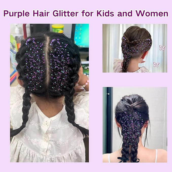 MEICOLY Purple Hair Glitter Kids Makeup,Halloween Sparkly Face Glitter,Mermaid Sequins Face Body Glitter,Chunky Glitter for Festival Rave Accessories Costume Outfits for Women,50ml