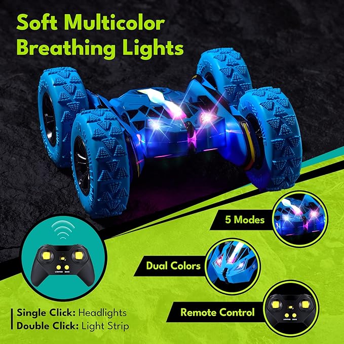 Threeking Remote Control Car RC Cars Toys for Boys Girls Ages 6-12, Upgraded USB-C Modular Batteries, 4WD Stunt Car with Breathing Soft Lights, Double-Sided Driving & 360° Flips, Presents Gifts, Blue