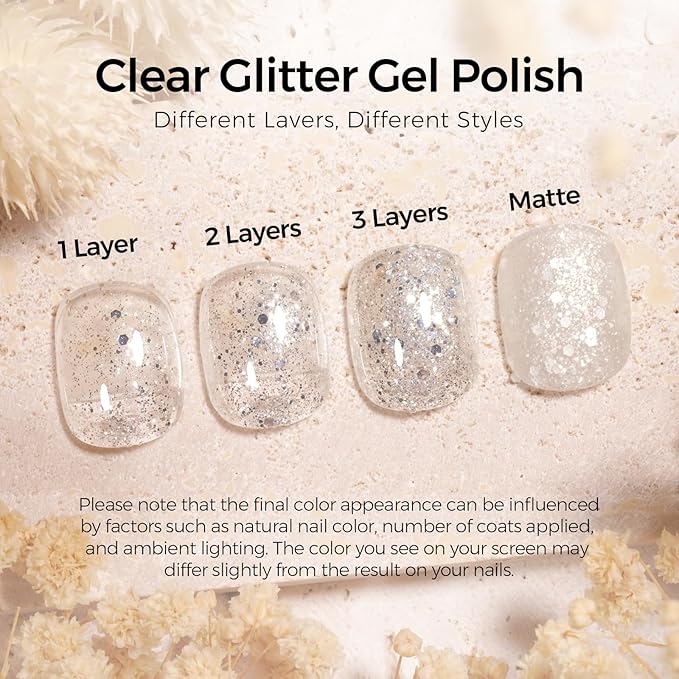 TOMICCA Glitter Gel Polish, 15ml Silver Sparkle Clear Gel Nails Polish, Soak Off UV LED Cure Needed Transparent Shimmer Nail Art Manicure French Salon Gifts For Woman