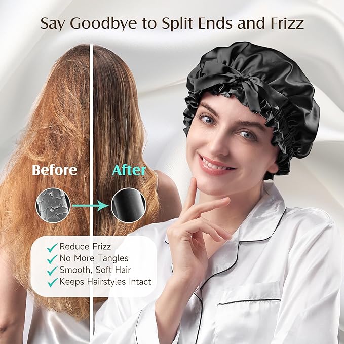 YFONG Double Layered 100% Mulberry Silk Bonnet for Sleeping Women, 22 Momme 6A Luxury Silk Sleep Cap with Elastic Band & Tie, Natural Night Wrap for Hair Care Short Long Curly Hair, Black