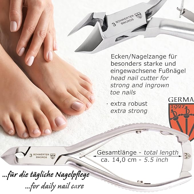 3 Swords Germany - Brand Quality Professional Toe Nail Nipper Set Stainless Steel INOX Wave Nipper, Head Cutter, Nail File Finger Clipper, Tweezers with case for ingrown Toe Nails by 3 Swords (202)