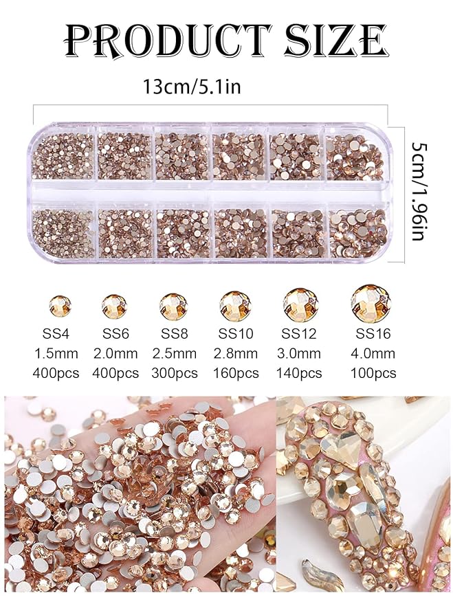 1620Pcs Crystal Nail Rhinestones Nail Art, Wsimily Champagne Gold Nail Rhinestones Round Beads Flatback Glass Gems Stones Multi Shapes Nail Crystals with Picker Pencil and Tweezer Nail Decoration