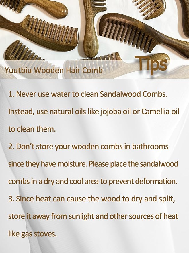 Green Sandalwood Wide Tooth Hair Comb with Handle - Detangling Brush for Curly/Coily Hair, Split Ends Repair & Gentle Scalp Care (Anti-Static Wooden Design)