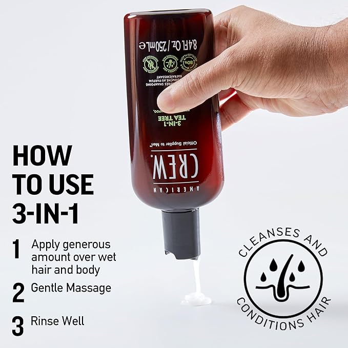 American Crew Shampoo, Conditioner & Body Wash for Men, 3-in-1, Gift for Men, Tea Tree Scent, 33.8 Fl Oz