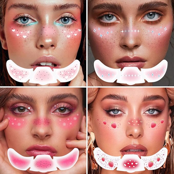 8Pcs 2-in-1 Rose-pink Blush and Glitter Freckles Face Tattoo for Teenagers & Young Women, Waterproof and Long-lasting Face Makeup Tattoos for Halloween and Christmas (SET A)