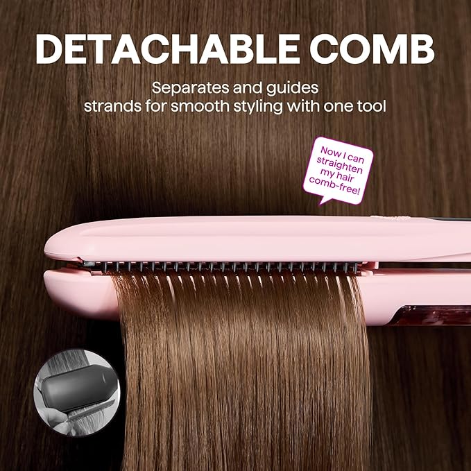 Wavytalk Steam Hair Straightener, Steam Sesh, Steam Reduces Damage, Nourishes Hair & Expedites Straightening, 1.38'' Nano Titanium Flat Iron with Detachable Comb for Silk Press Smoothing, Sakura Pink