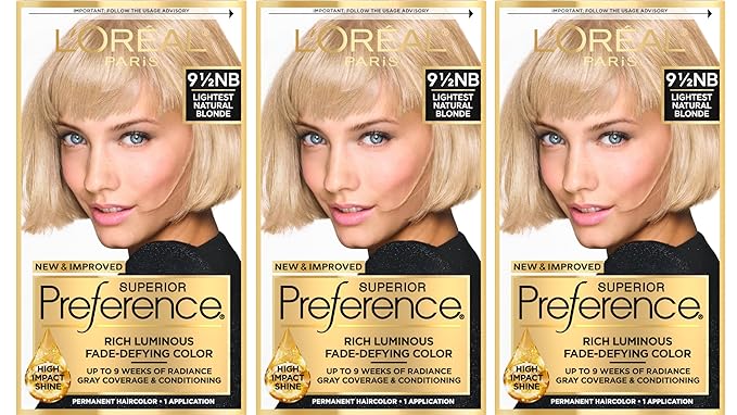 L'Oreal Paris Superior Preference Luminous Fade-Defying Permanent Hair Color, Hair Dye For Up to 9 Weeks of Radiance, Lightest Natural Blonde 9.5NB, 1 Hair Dye Kit (Pack of 3)