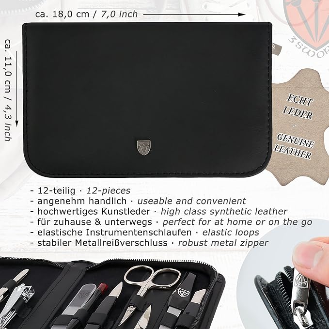 3 Swords Germany – Brand Quality 12 Piece Manicure Pedicure Grooming kit Set for Professional Finger & Toe Nail Care with Black Genuine Leather case - Made in Germany