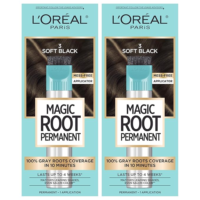L'Oreal Paris Magic Root Rescue 10 Minute Root Hair Coloring Kit, Permanent Hair Color with Quick Precision Applicator, 100 percent Gray Coverage, 3 Soft Black, 2 count