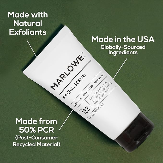 MARLOWE. No. 122 Facial Scrub 6 oz, Gentle Face Exfoliator with Apricot Seed Powder & Pumice, Cleanses & Smooths, Fresh Pine & Agarwood Scent