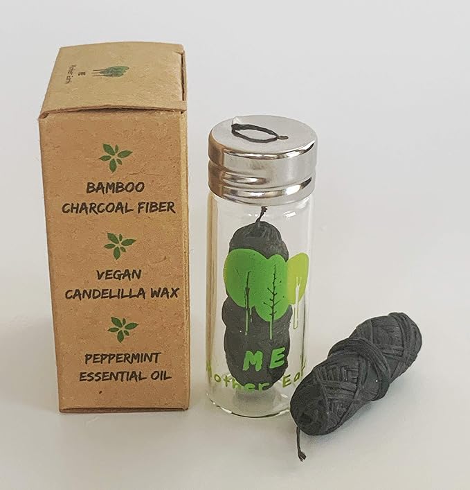 Vegan Biodegradable Bamboo Charcoal Dental Floss with Refillable Glass Container | Free Refill | Natural Candelilla Wax | 30M x2 | Peppermint Essential Oil | Eco Friendly Zero Waste Oral Care