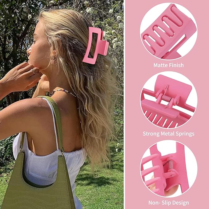 3.5 Inch Medium Hair Claw Clips 6 Pack Hair Clips for Women Square Rectangle Claw for Hair Banana Jaw Clips Hair Accessories for Girls (Pink)