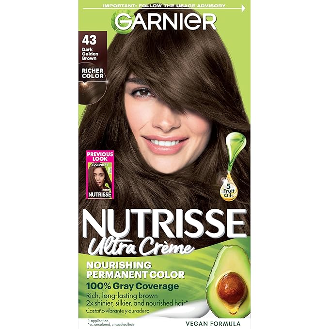 Garnier Hair Color Nutrisse Nourishing Creme, 43 Dark Golden Brown (Cocoa Bean) Permanent Hair Dye, 1 Count (Packaging May Vary)