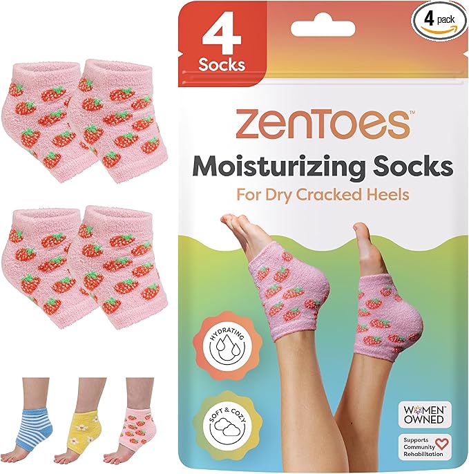 ZenToes Moisturizing Socks for Cracked Heel Treatment, Vitamin E, Olive Oil and Jojoba Oil Heel Socks, Stocking Stuffers for Women, Spa Self Care Gifts for Women (Pink Strawberries, Regular)