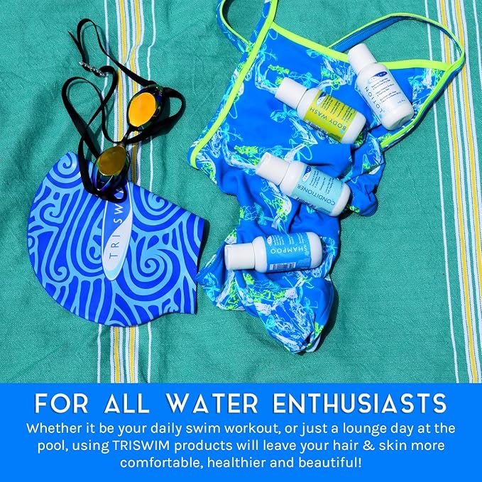TRISWIM Shot Set in Travel Bag | 2oz Travel Size Chlorine Removal Shampoo, Swimmer’s Conditioner, Swim Body Wash and Lotion | Removes Chlorine, Bromine, Hard Water Minerals & Saltwater and odors