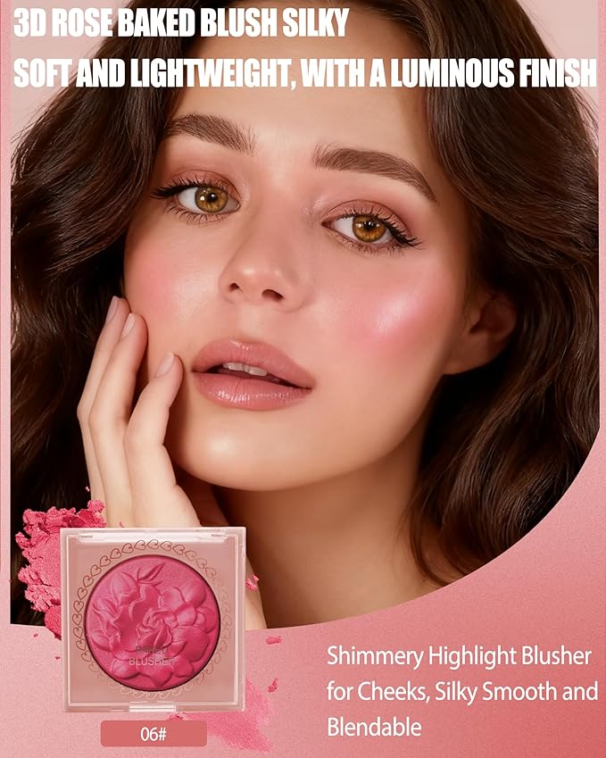 Baked Powder Blush, Lightweight Shimmery Highlight Blusher for Cheeks, Silky Smooth and Blendable Powder Blush Palette, Long-lasting All-Day Face Enhancing Makeup Color, Makeup Gift for Women Girls-06