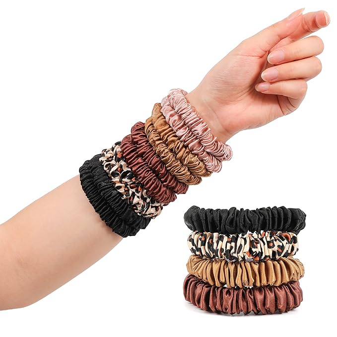 Hair Ties Silk Satin Scrunchies - Small Mini Thin Elestics Ponytail Holder Hair Bands Skinny Scrunchy For Thick Curl Hair No Crease Hair Ties Soft Accessories No Hurt Your Hair for Women and Girls