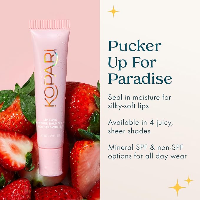 Kopari Lip Love Moisture Balm in Pink Strawberry SPF 30-100% Mineral Zinc Oxide Lip Sunscreen, Ceramide Hydrating Tinted Lip Balm, Clean Vegan & Reef-Friendly, 0.35 oz