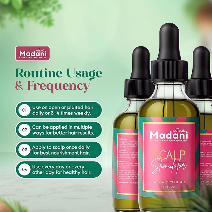 Madani Naturals Scalp Stimulator Hair Growth Oil With Rosemary Oil & Mint - Hair Loss Treatment for Split End and Dry Scalp for All Hair Types, Strengthen Hair and Stop Hair Loss, 2-Fluid Ounces