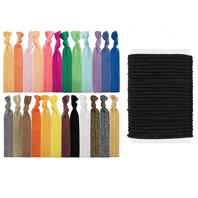 79Style Fabric Hair Ties Set: 60 Pieces - Elastic Ribbon Knotted Ponytail Holders, No Damage Cloth Flat Bands for Women and Girls (40 Ribbon Ties + 20 Black Ties)