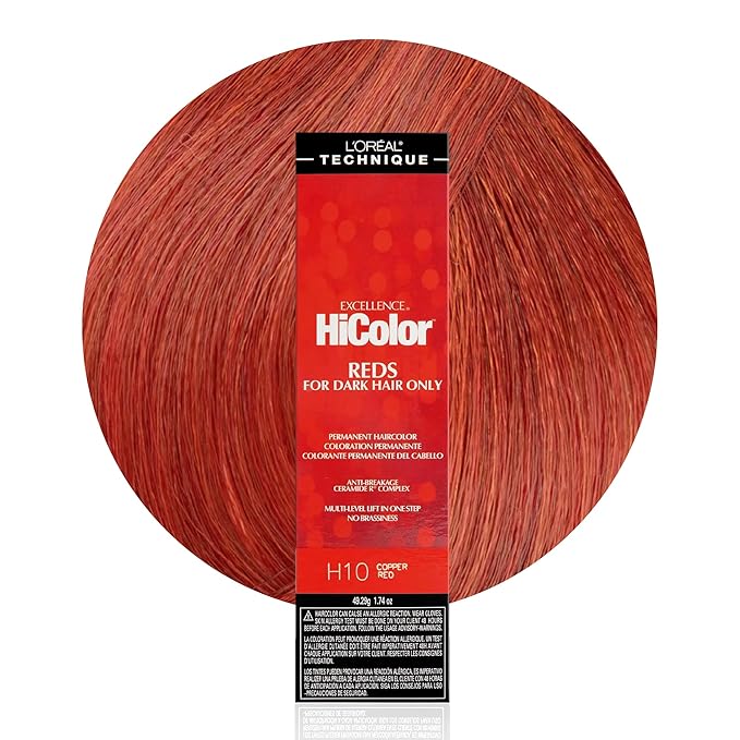 L'OREAL TECHNIQUE HiColor Reds Permanent Hair Color - Lifts Dark Hair in One Step Leaving No Brassiness, Rich & Smooth Creme Formula, Intense & Long-Lasting Color, H10 Copper Red