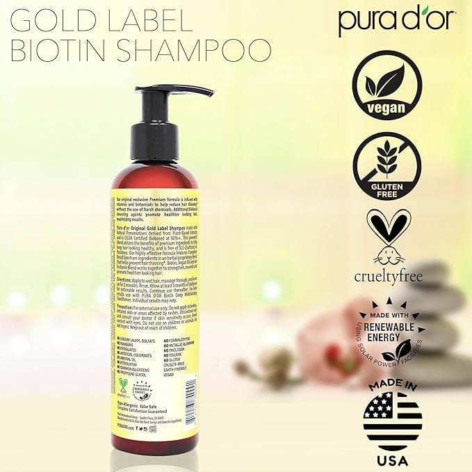 PURA D'OR 8 Oz Original Gold Label Anti-Thinning Biotin Shampoo Natural Earthy Scent, CLINICALLY TESTED Effective Results, Herbal Blend Hair Thickening Products, Women & Men, Color Treated Hair
